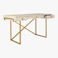 Avalon 3-Drawer Gold Desk With Ivory Shagreen Top -Furniture Sales Store AvalonIvoryFauxShgrnDesk3QAVS20