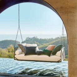 Zora Black Rattan Outdoor Hanging Daybed With White Sunbrella® Cushions -Furniture Sales Store CB2SU23 17B V1 RET