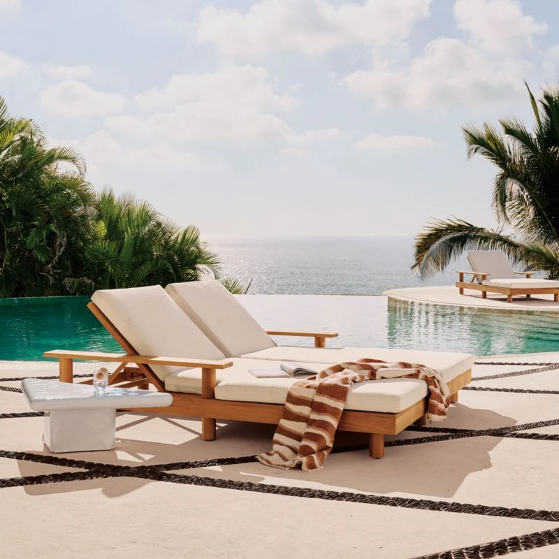 Pinet Teak Outdoor Double Chaise Lounge With Textured Ivory Perennials® Cushions 2 Pinet Teak Outdoor Double Chaise Lounge With Textured Ivory Perennials® Cushions - Image 2