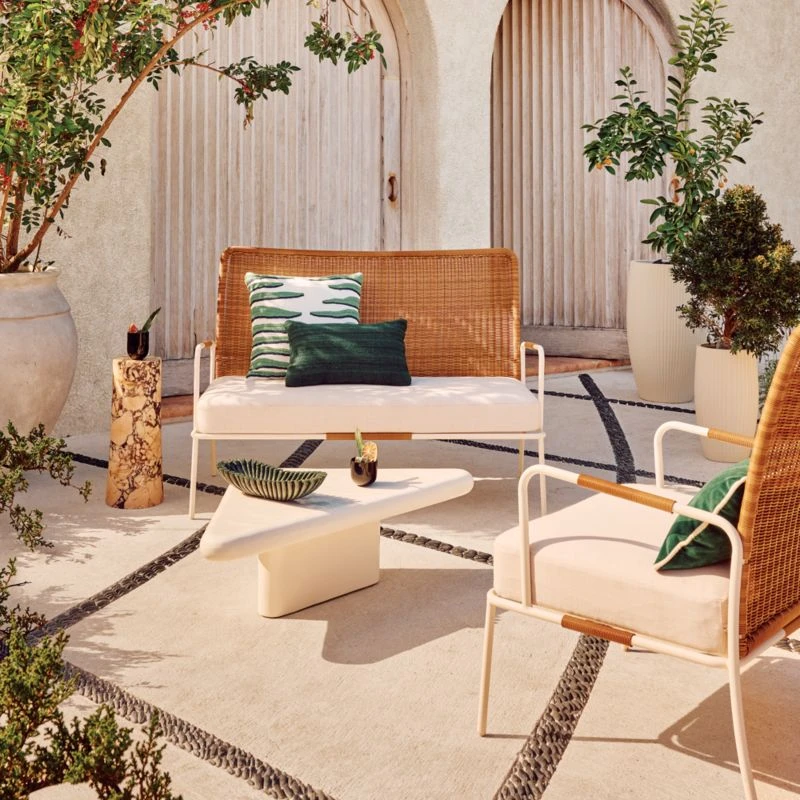 Colombe Ivory Metal And Rattan Outdoor Loveseat With Ivory Sunbrella® Cushions 2 Colombe Ivory Metal And Rattan Outdoor Loveseat With Ivory Sunbrella® Cushions - Image 2