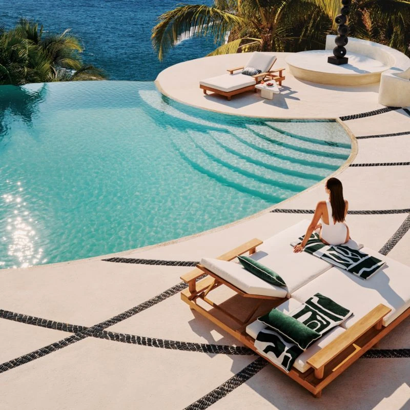 Pinet Teak Outdoor Double Chaise Lounge With Textured Ivory Perennials® Cushions 3 Pinet Teak Outdoor Double Chaise Lounge With Textured Ivory Perennials® Cushions - Image 3