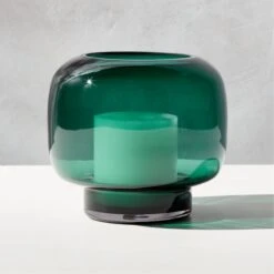 Coco Round Forest Green Glass Hurricane Candle Holder Small