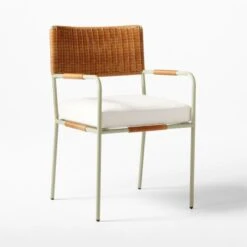 Colombe Green Metal And Rattan Outdoor Dining Armchair With Ivory Sunbrella® Cushion -Furniture Sales Store ColombeVertDiningChair3QSSS23