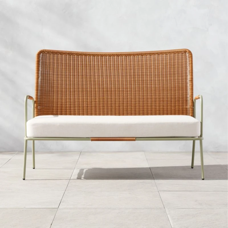 Colombe Green Metal And Rattan Outdoor Loveseat With Ivory Sunbrella® Cushions 1 Colombe Green Metal And Rattan Outdoor Loveseat With Ivory Sunbrella® Cushions