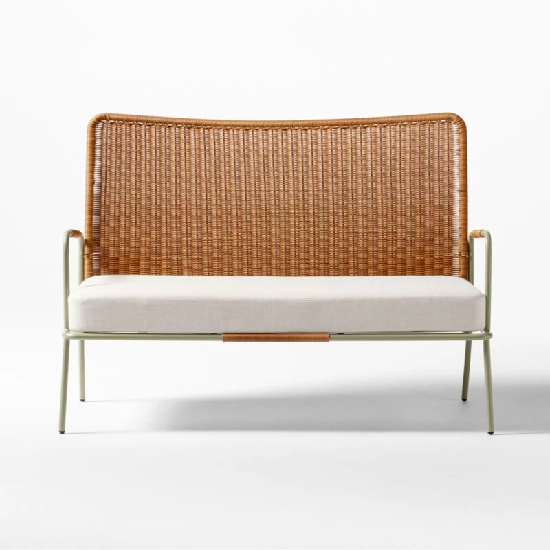 Colombe Green Metal And Rattan Outdoor Loveseat With Ivory Sunbrella® Cushions 2 Colombe Green Metal And Rattan Outdoor Loveseat With Ivory Sunbrella® Cushions - Image 2