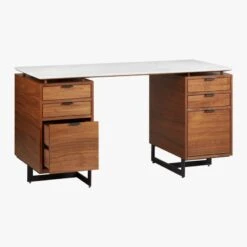 Fullerton 6-Drawer Walnut Wood Desk With White Marble Top -Furniture Sales Store FullertonMdlrDskW2DrwrsAVS18