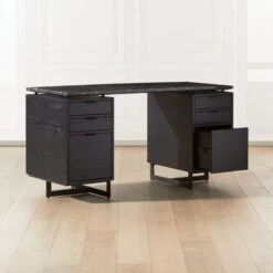 Fullerton 6-Drawer Black Oak Wood Desk With Black Marble Top -Furniture Sales Store FullertonModBkDkW2BkDrwAV2SHF20 1x1