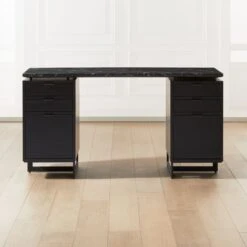 Fullerton 6-Drawer Black Oak Wood Desk With Black Marble Top
