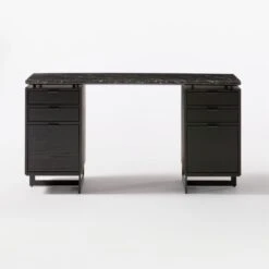Fullerton 6-Drawer Black Oak Wood Desk With Black Marble Top -Furniture Sales Store FullertonModBkDkW2BkDrwSOF20