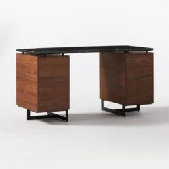 Fullerton 6-Drawer Walnut Wood Desk With Black Marble Top -Furniture Sales Store FullertonModBkDkW2WltDrw3QBF20