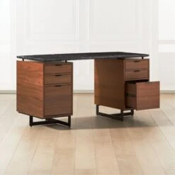 Fullerton 6-Drawer Walnut Wood Desk With Black Marble Top -Furniture Sales Store FullertonModBkDkW2WltDrwAV2SHF20 1x1
