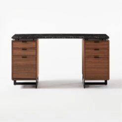 Fullerton 6-Drawer Walnut Wood Desk With Black Marble Top -Furniture Sales Store FullertonModBkDkW2WltDrwSOF20