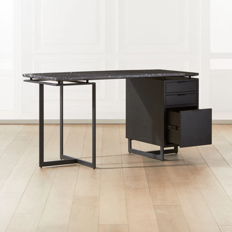 Fullerton 3-Drawer Black Metal And Oak Wood Desk With Black Marble Top 3 Fullerton 3-Drawer Black Metal And Oak Wood Desk With Black Marble Top - Image 3