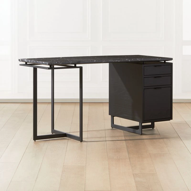 Fullerton 3-Drawer Black Metal And Oak Wood Desk With Black Marble Top 2 Fullerton 3-Drawer Black Metal And Oak Wood Desk With Black Marble Top - Image 2