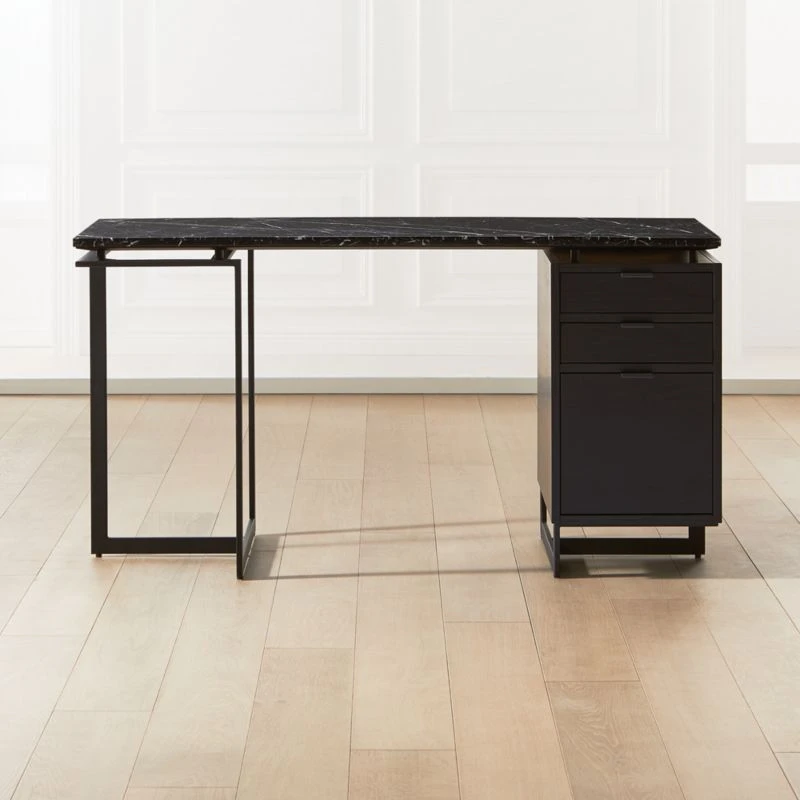 Fullerton 3-Drawer Black Metal And Oak Wood Desk With Black Marble Top 1 Fullerton 3-Drawer Black Metal And Oak Wood Desk With Black Marble Top