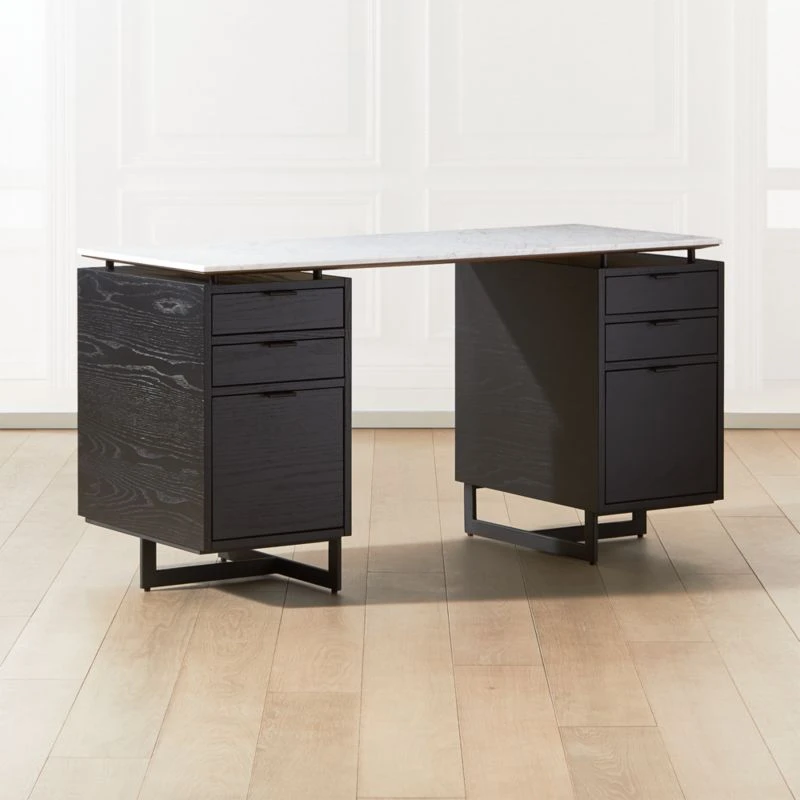Fullerton 6-Drawer Black Oak Wood Desk With White Marble Top 2 Fullerton 6-Drawer Black Oak Wood Desk With White Marble Top - Image 2