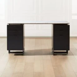 Fullerton 6-Drawer Black Oak Wood Desk With White Marble Top