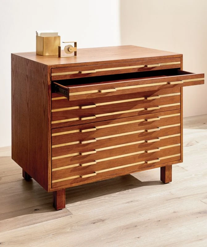 Inline Oak Wood 4-Drawer File Cabinet With Brass Handles 3 Inline Oak Wood 4-Drawer File Cabinet With Brass Handles - Image 3