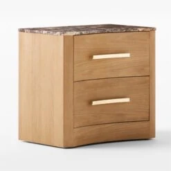 Kingsbury 2-Drawer Curved Oak Wood Nightstand With Marble Top -Furniture Sales Store KingsburyCrvdMrblNghtstnd3QSSF22