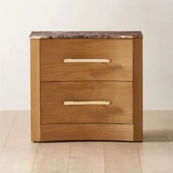 Kingsbury 2-Drawer Curved Oak Wood Nightstand With Marble Top