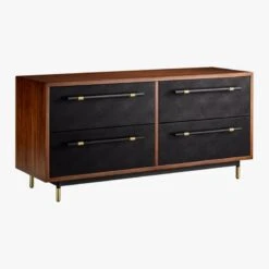Oberlin 4-Drawer Black Leather And Wood Dresser -Furniture Sales Store OberlinLowDresser3QFS18