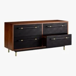 Oberlin 4-Drawer Black Leather And Wood Dresser -Furniture Sales Store OberlinLowDresserAVS18