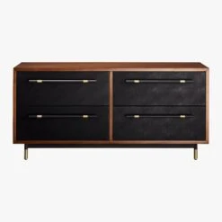 Oberlin 4-Drawer Black Leather And Wood Dresser -Furniture Sales Store OberlinLowDresserS18