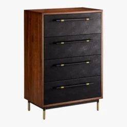 Oberlin Tall 4-Drawer Black Leather And Wood Dresser -Furniture Sales Store OberlinTallChest3QFS18