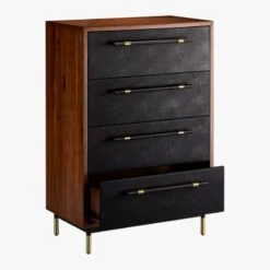 Oberlin Tall 4-Drawer Black Leather And Wood Dresser -Furniture Sales Store OberlinTallChestAVS18