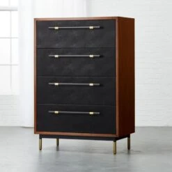 Oberlin Tall 4-Drawer Black Leather And Wood Dresser