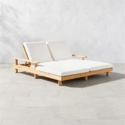 Pinet Teak Outdoor Double Chaise Lounge With Textured Ivory PerennialsĀ® Cushions