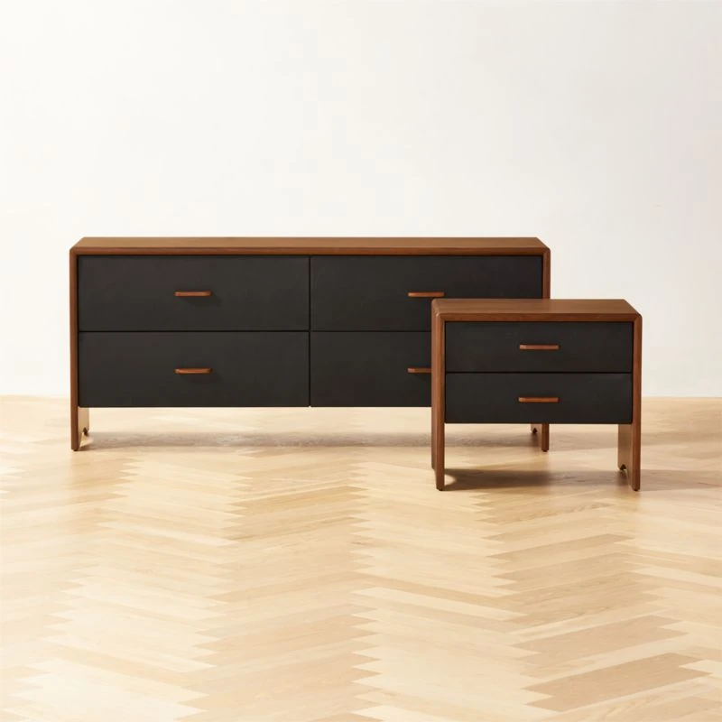 Ralston 2-Drawer Black Leather And Walnut Wood Nightstand 2 Ralston 2-Drawer Black Leather And Walnut Wood Nightstand - Image 2