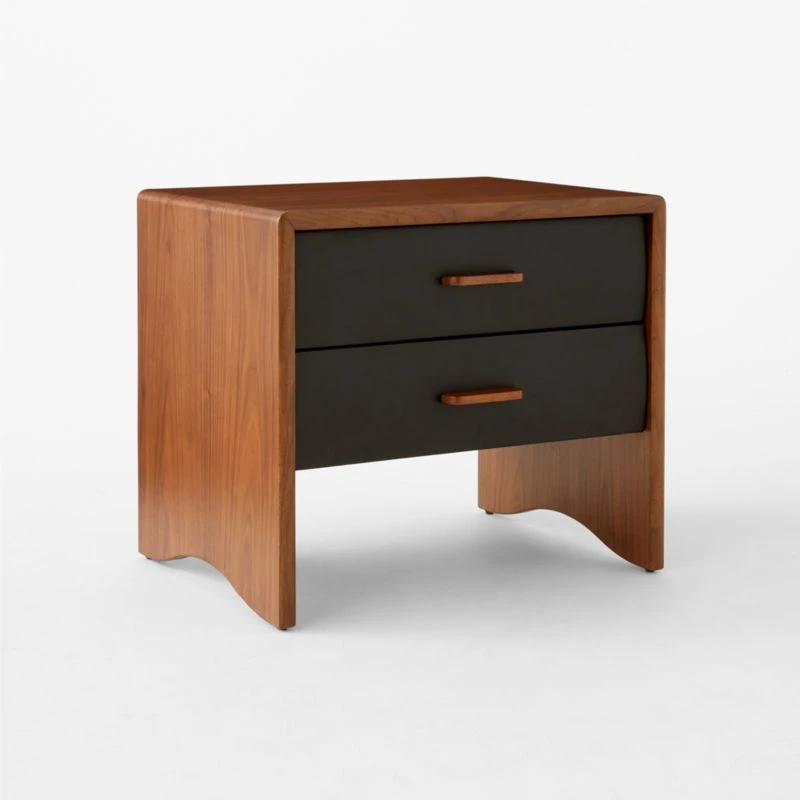 Ralston 2-Drawer Black Leather And Walnut Wood Nightstand 4 Ralston 2-Drawer Black Leather And Walnut Wood Nightstand - Image 4