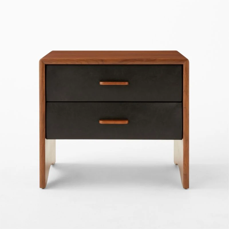 Ralston 2-Drawer Black Leather And Walnut Wood Nightstand 3 Ralston 2-Drawer Black Leather And Walnut Wood Nightstand - Image 3